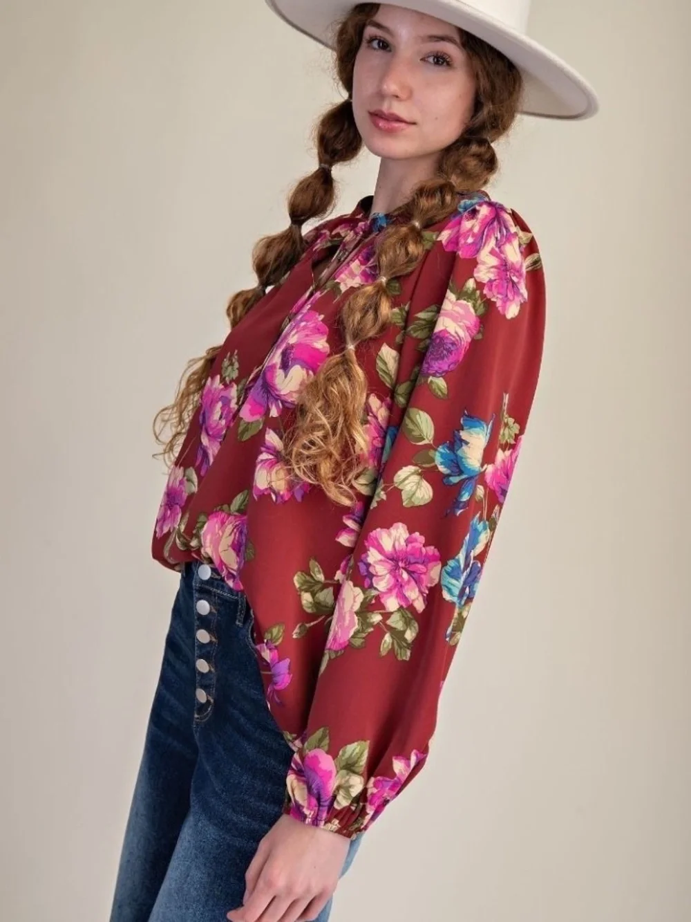 New Easel Women's Floral Tie Neck Blouse Pullover Red Long Sleeve Relaxed Fit - Picture 5 of 6